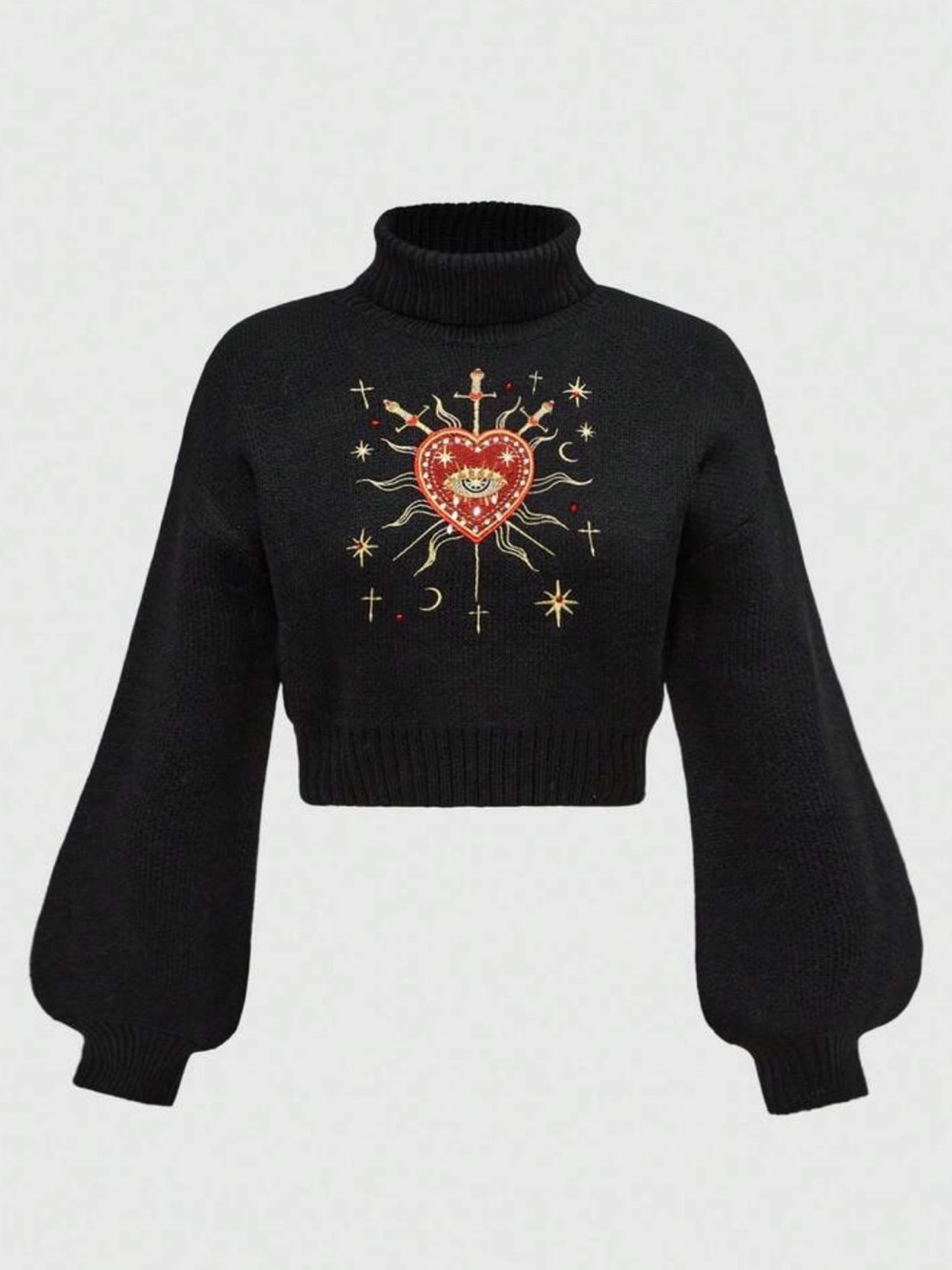ROMWE Black Cropped Turtleneck Sweater with Red & Gold Heart Motif